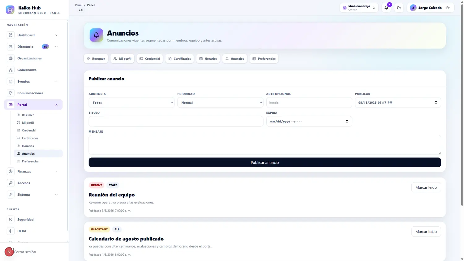 Anuncios en Keiko Hub en modo claro