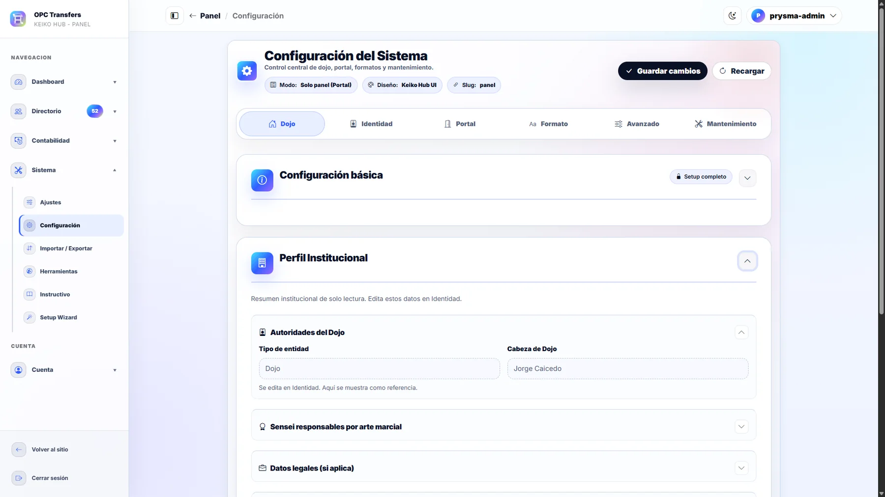 Configuración real de Keiko Hub en modo claro