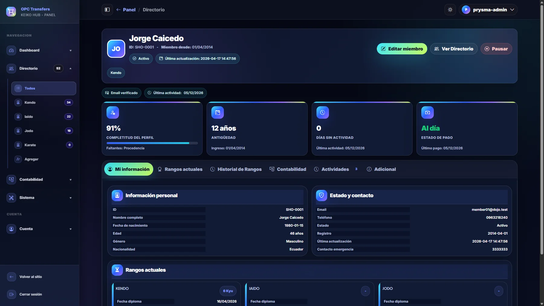 Perfil real de miembro en Keiko Hub