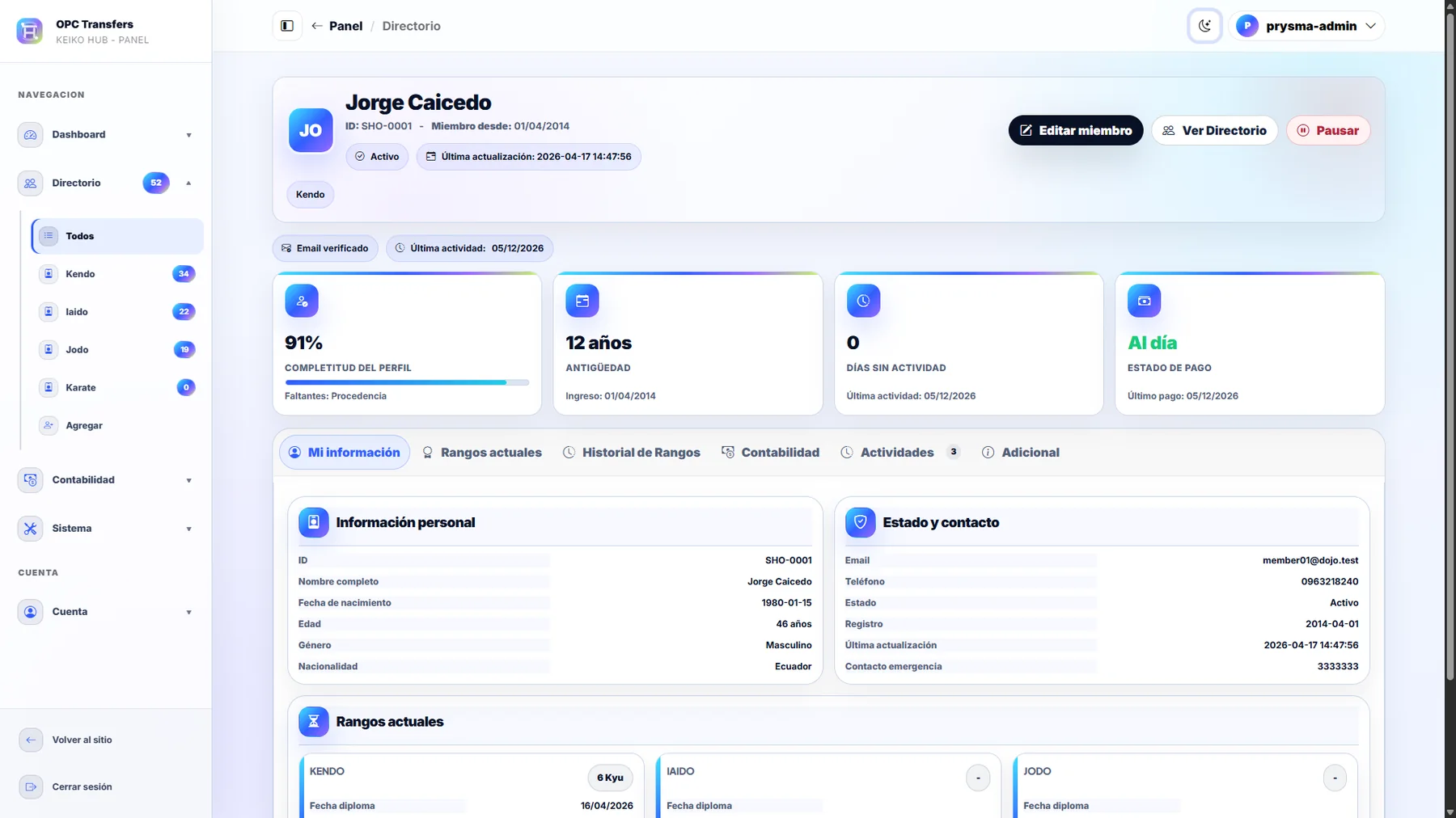 Perfil real de miembro en Keiko Hub en modo claro