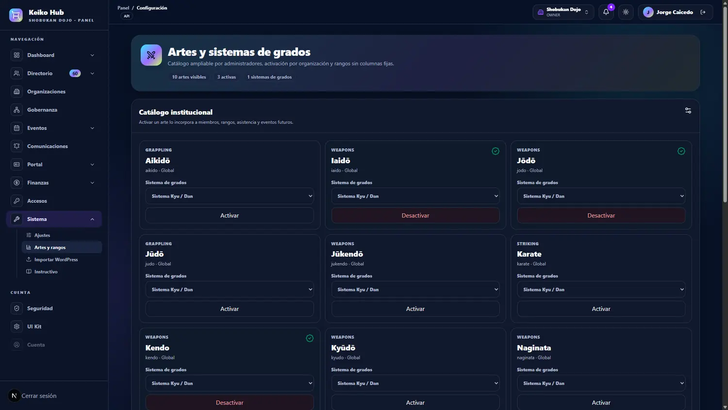 Artes y sistemas de grados en Keiko Hub
