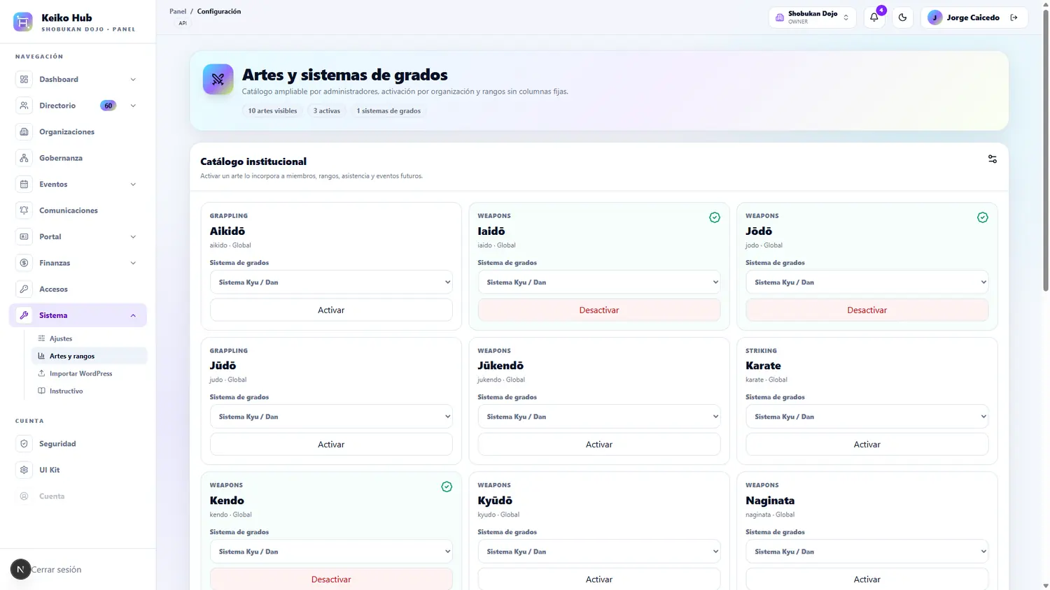 Artes y sistemas de grados en Keiko Hub en modo claro