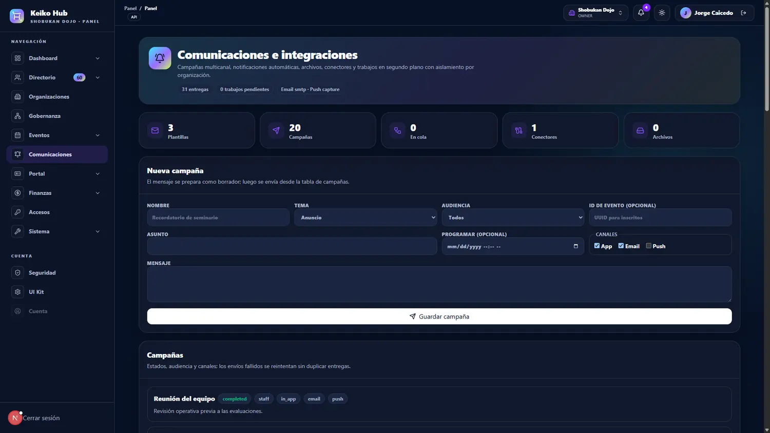 Comunicaciones e integraciones en Keiko Hub