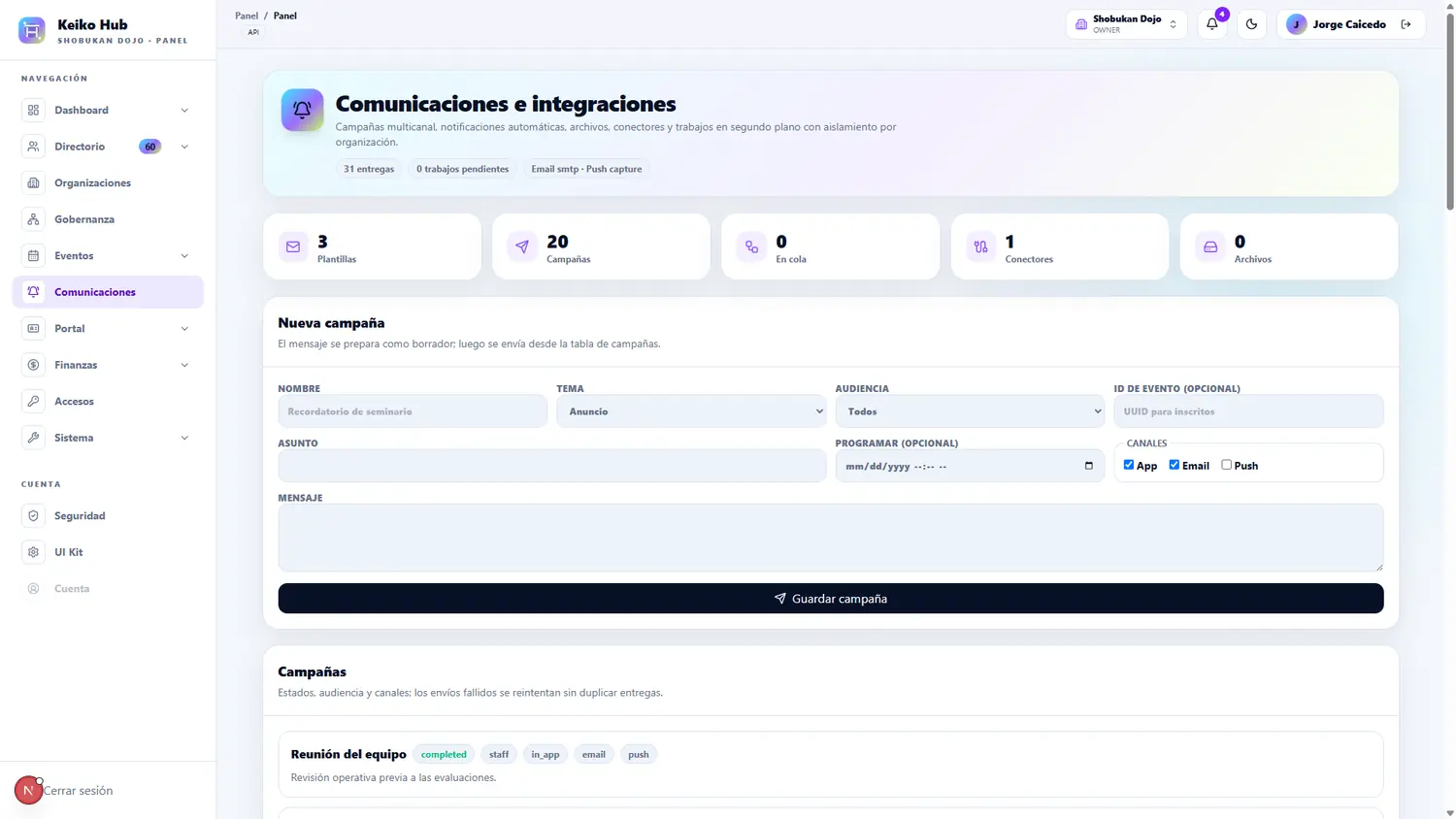 Comunicaciones e integraciones en Keiko Hub en modo claro