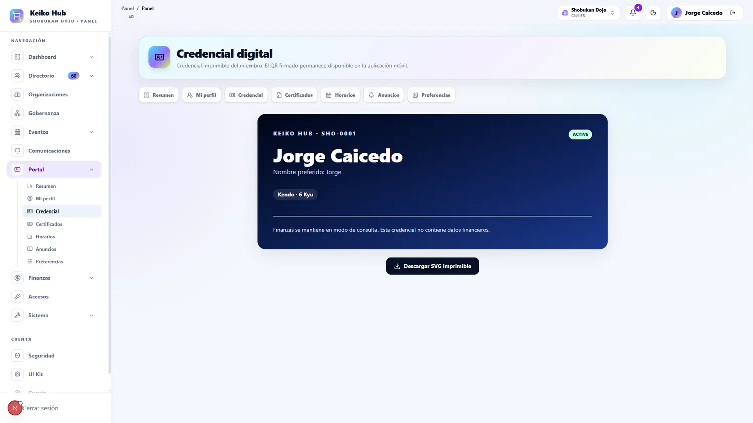 Credencial digital de Keiko Hub en modo claro