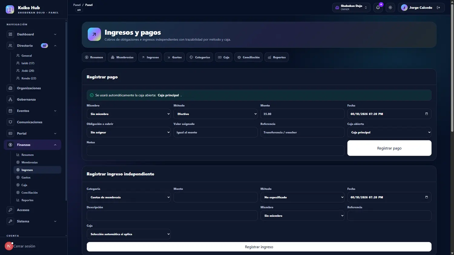 Ingresos y pagos en Keiko Hub