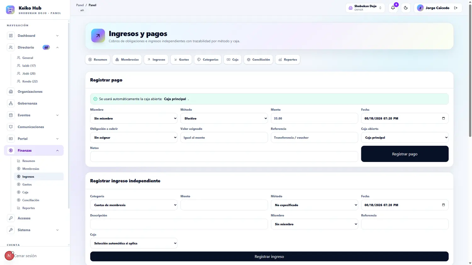 Ingresos y pagos en Keiko Hub en modo claro