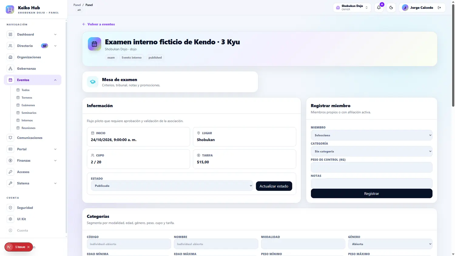 Examen interno en Keiko Hub en modo claro