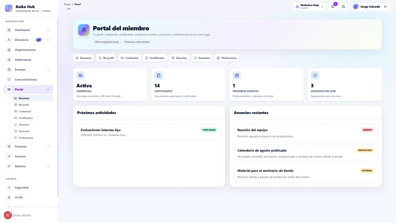 Portal del miembro de Keiko Hub en modo claro