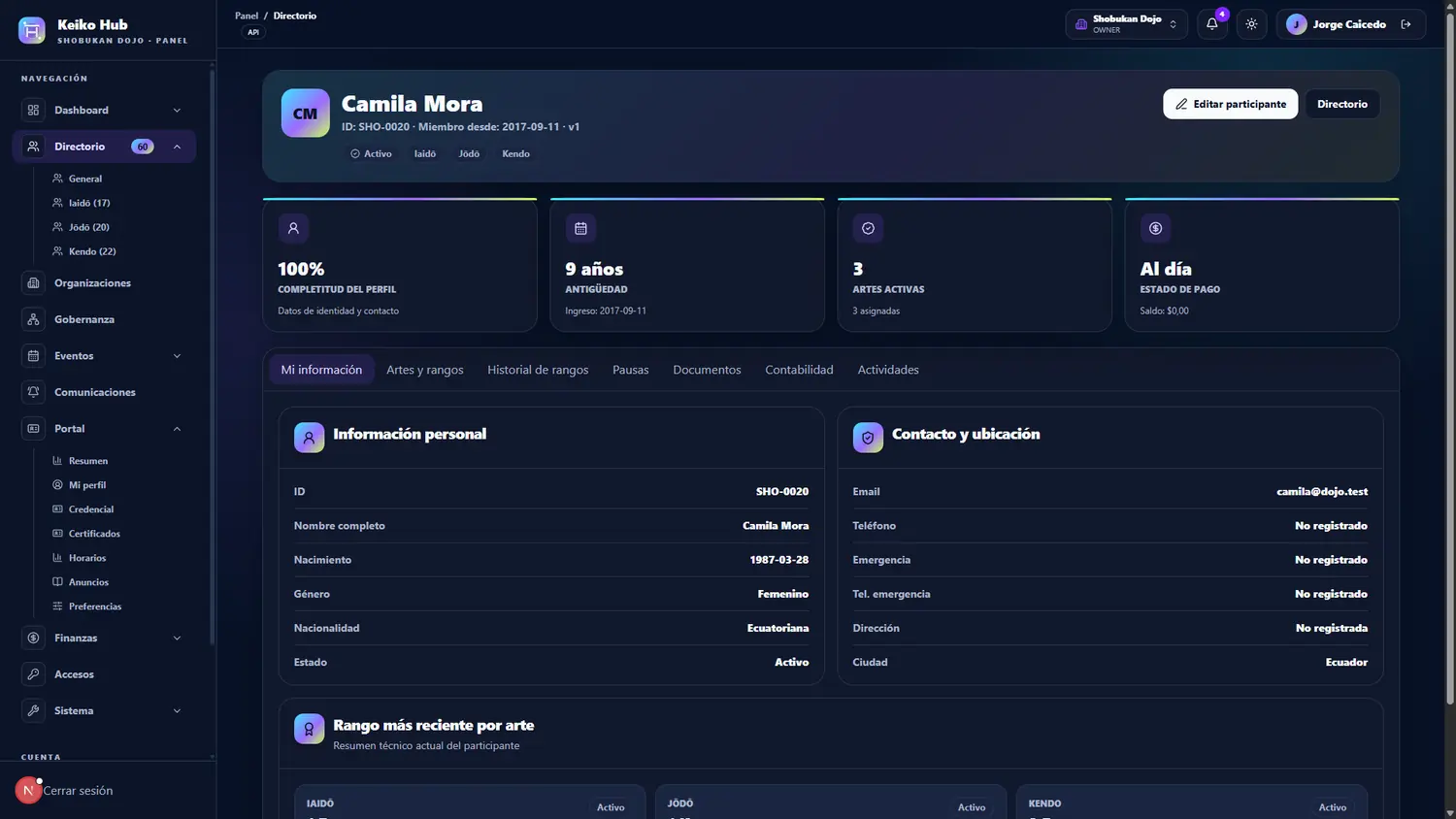 Perfil de miembro de un dojo en Keiko Hub