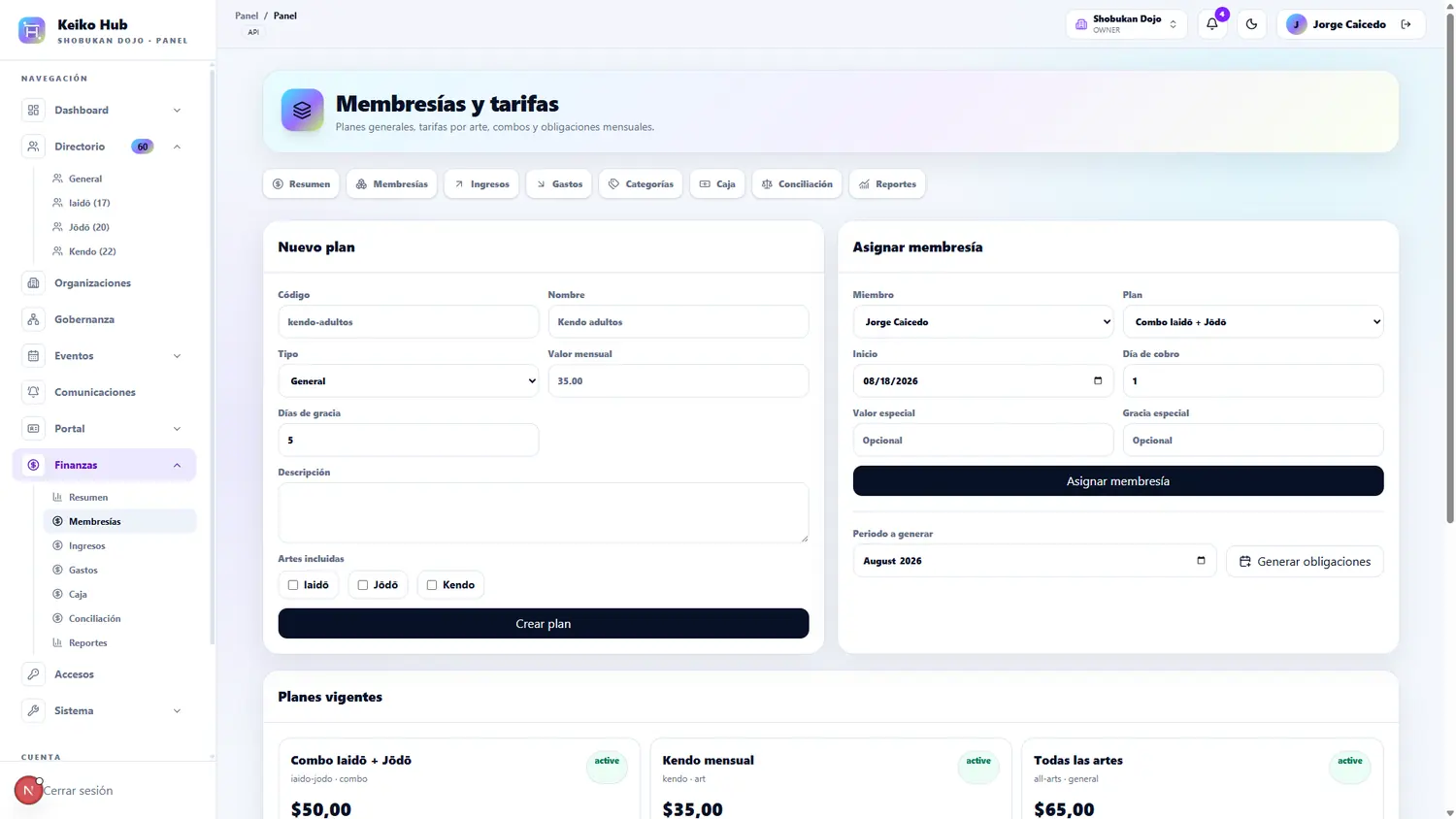 Membresías y tarifas en Keiko Hub en modo claro