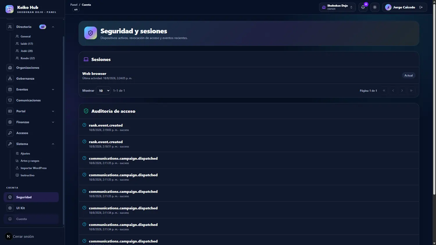 Seguridad y sesiones de usuario en Keiko Hub