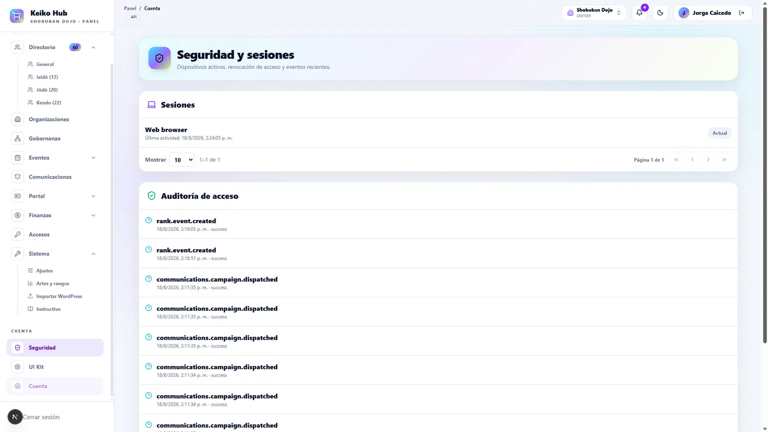 Seguridad y sesiones de usuario en Keiko Hub en modo claro